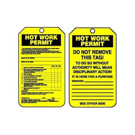 Accuform Safety Tags, CONFINED SPACE: HOT WORK STATUS, 5.75in x 3.25in, RP-Plastic, 25PK TCS372PTP